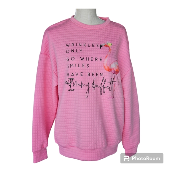 Quilted Crew Neck Jimmy Buffet quote Flamingo Pullover - Picture 1 of 6